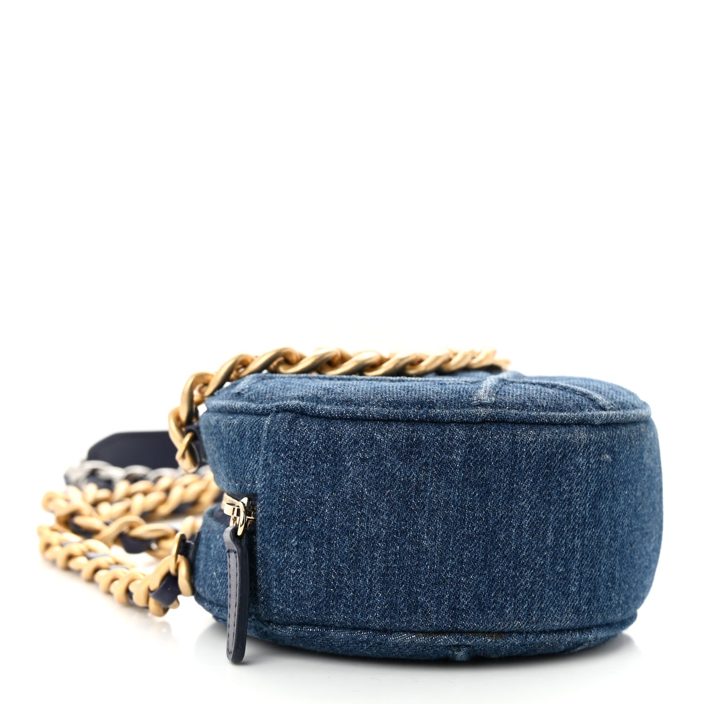 Denim Quilted Chanel 19 Round Clutch With Chain Blue