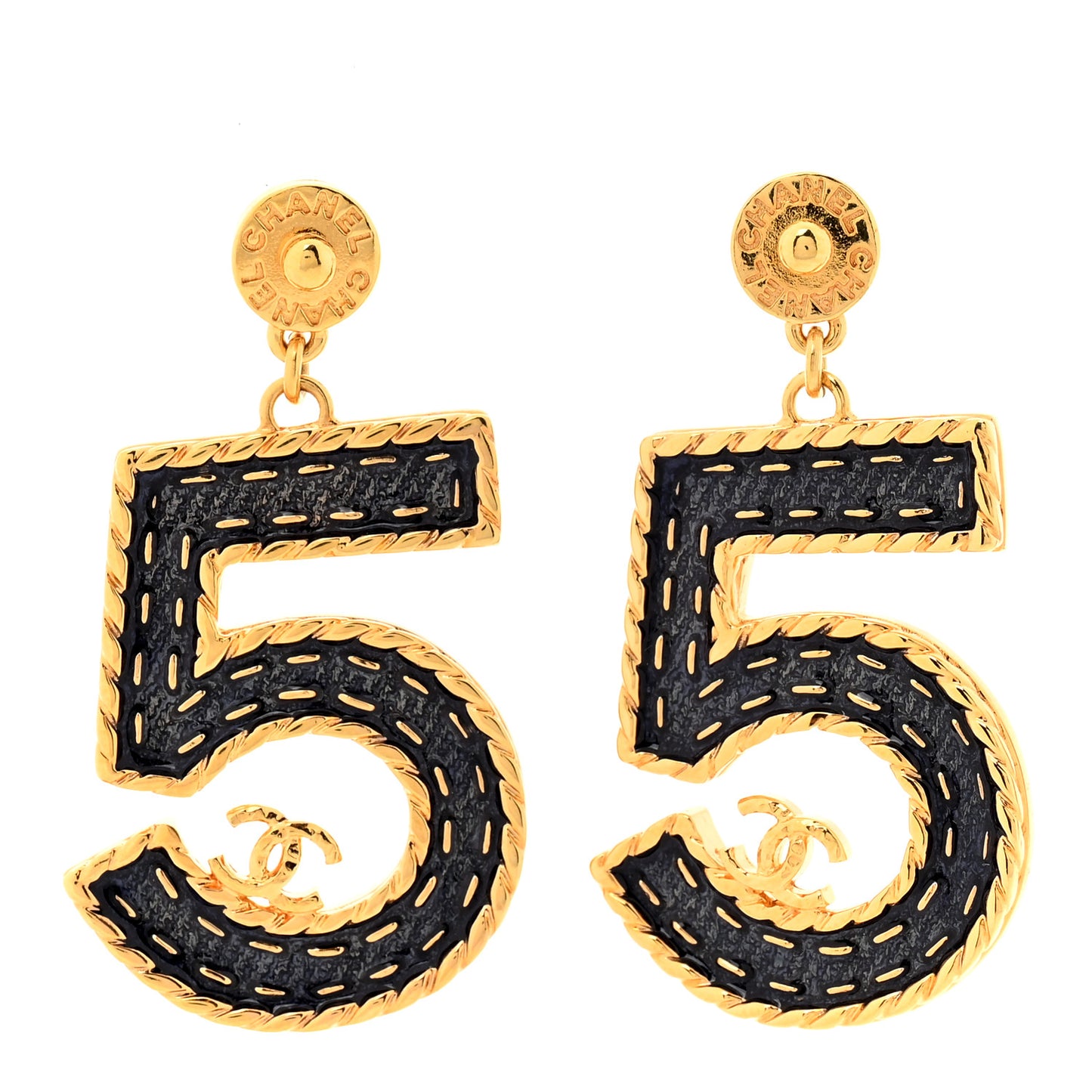 Metal Enamel CC No 5 Rope Drop Earrings Gold Denim Blue