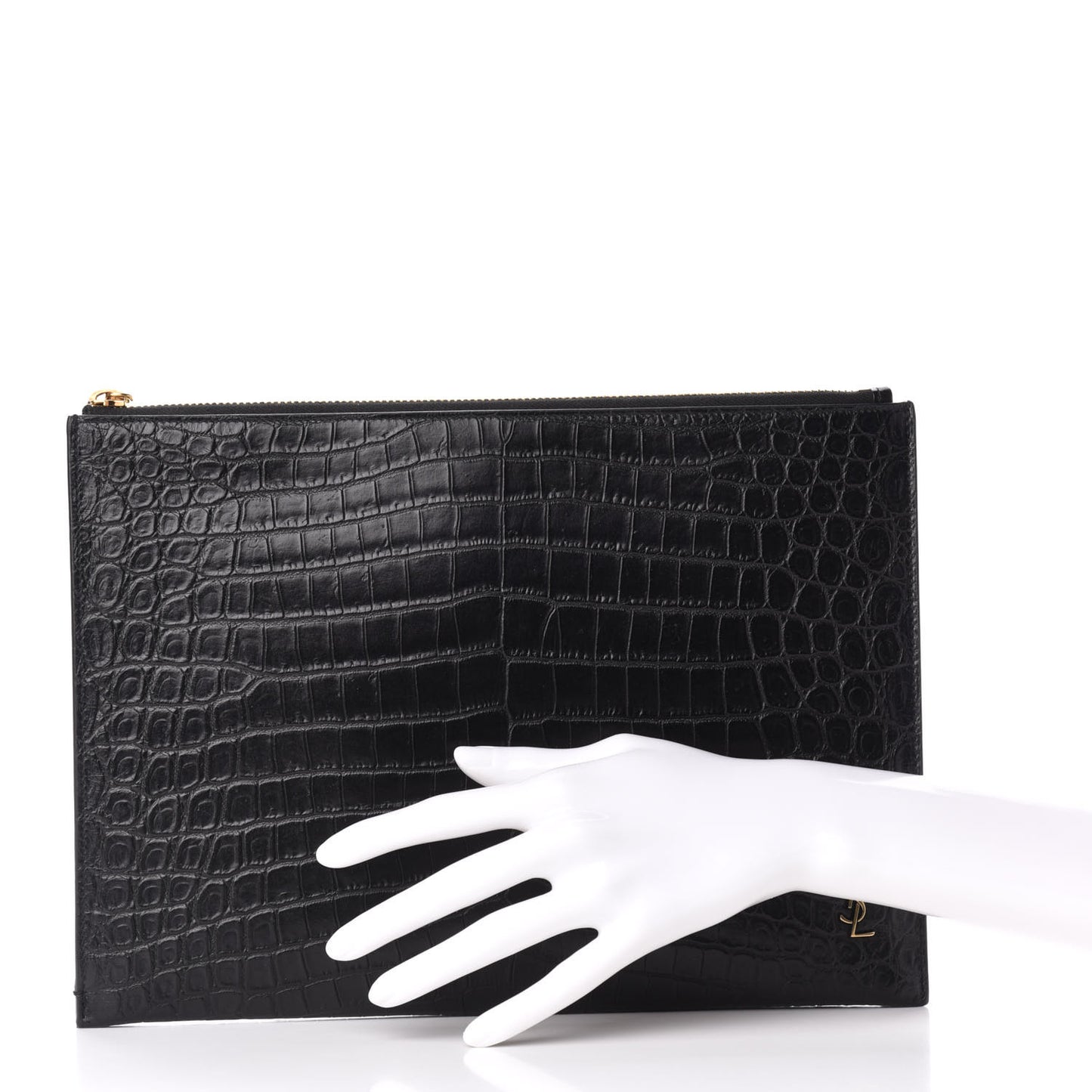 Calfskin Crocodile Embossed Tiny Monogram Zipped Tablet Holder Black