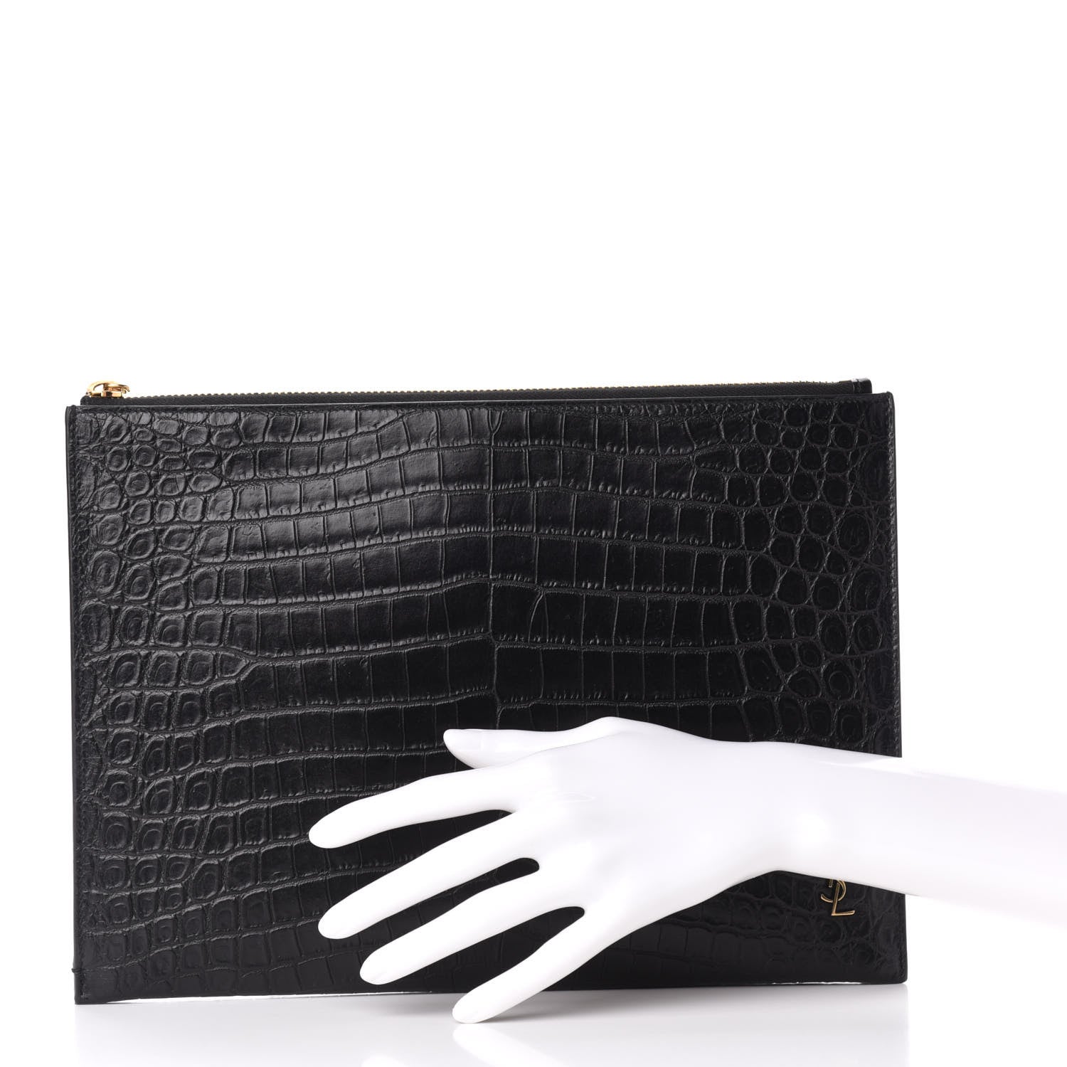 Saint Laurent Calfskin Crocodile Embossed Tiny Monogram Zipped Tablet Holder Black 2 of 7