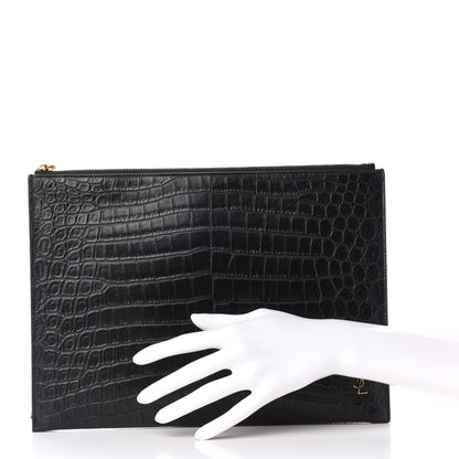 Saint Laurent Calfskin Crocodile Embossed Tiny Monogram Zipped Tablet Holder Black 2 of 7