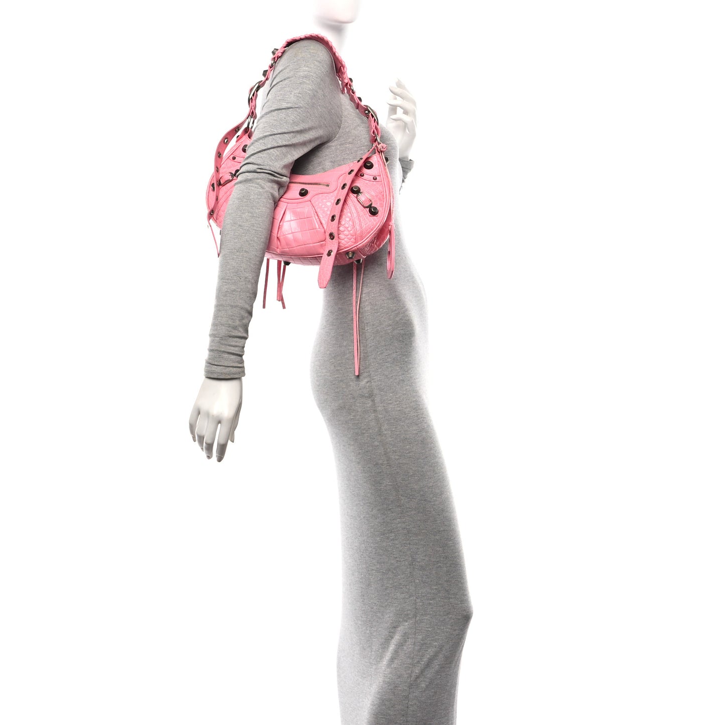 Extra Supple Calfskin Crocodile Embossed Small Le Cagole Shoulder Bag Sweet Pink