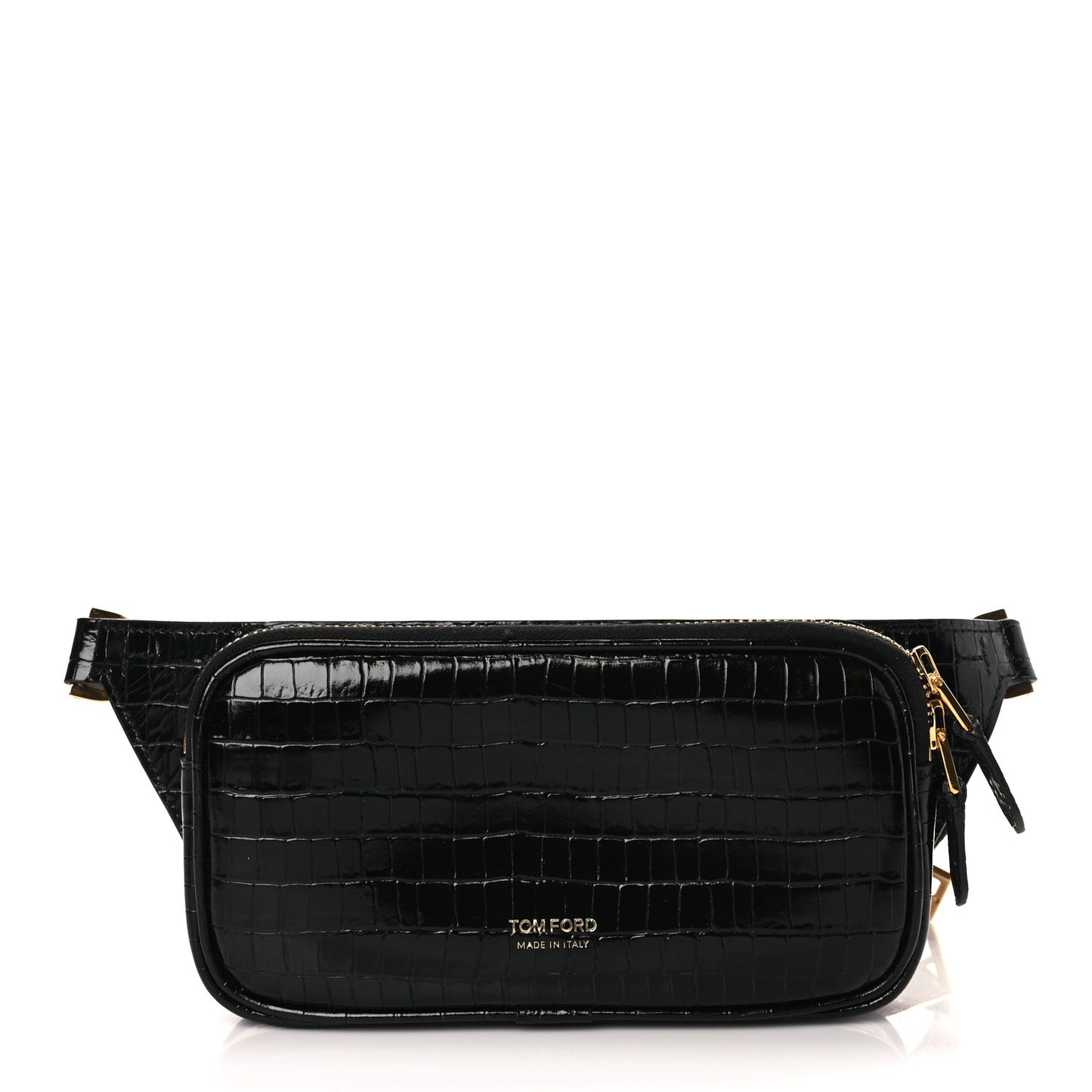 Calfskin Crocodile Embossed Small Zip Belt Bag Black