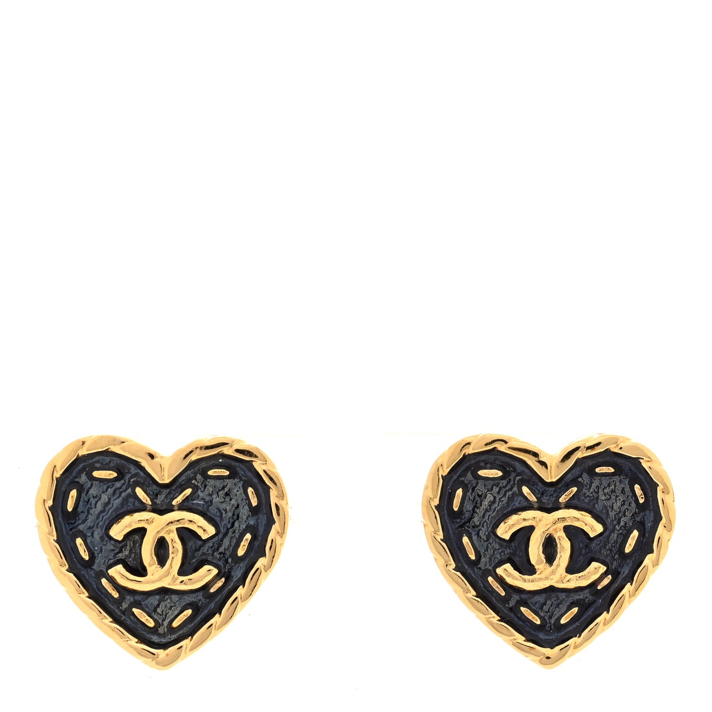 Metal Enamel CC Denim Heart Earrings Gold Blue