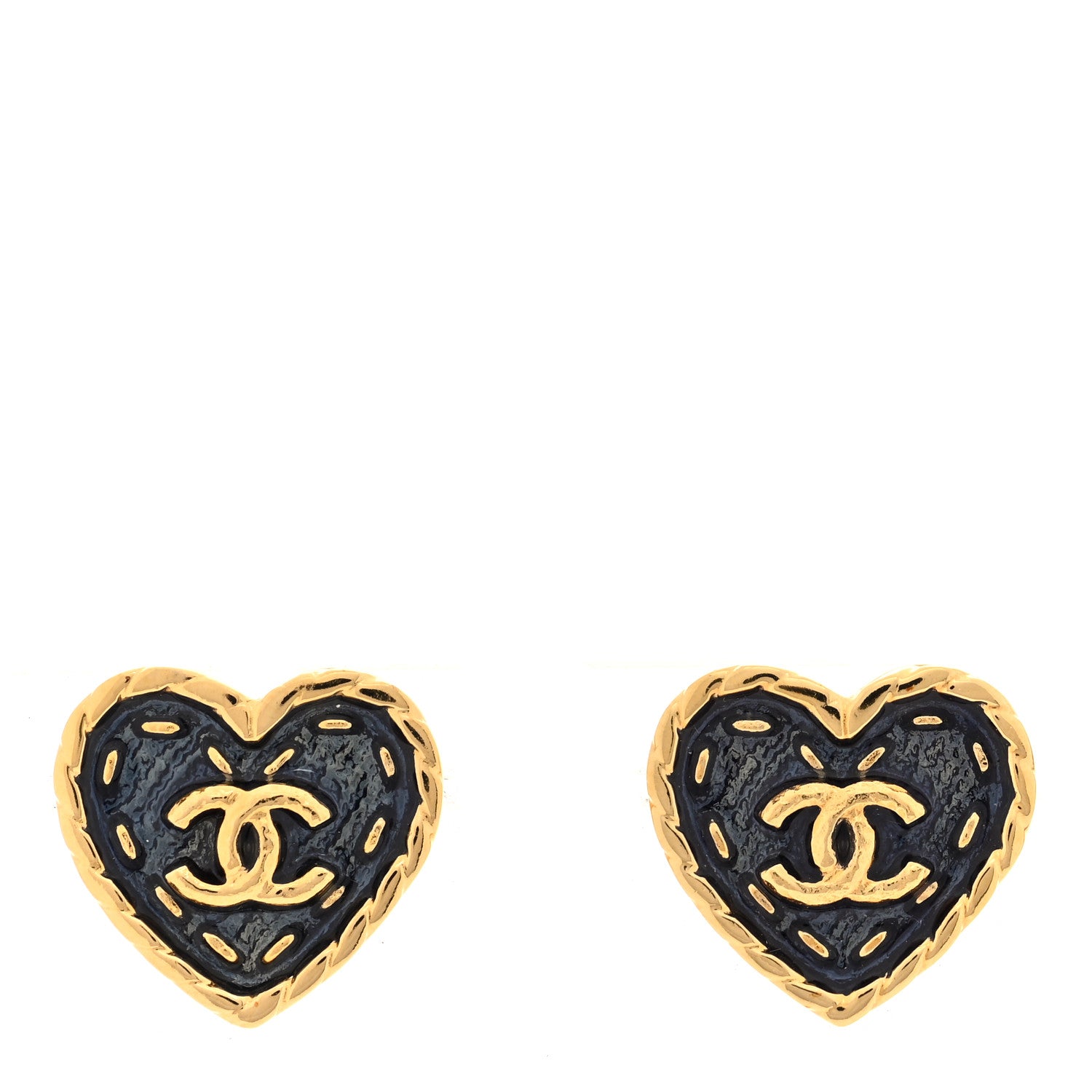 Chanel Metal Enamel CC Denim Heart Earrings Gold Blue 1 of 5