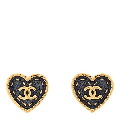 Chanel Metal Enamel CC Denim Heart Earrings Gold Blue 1 of 5