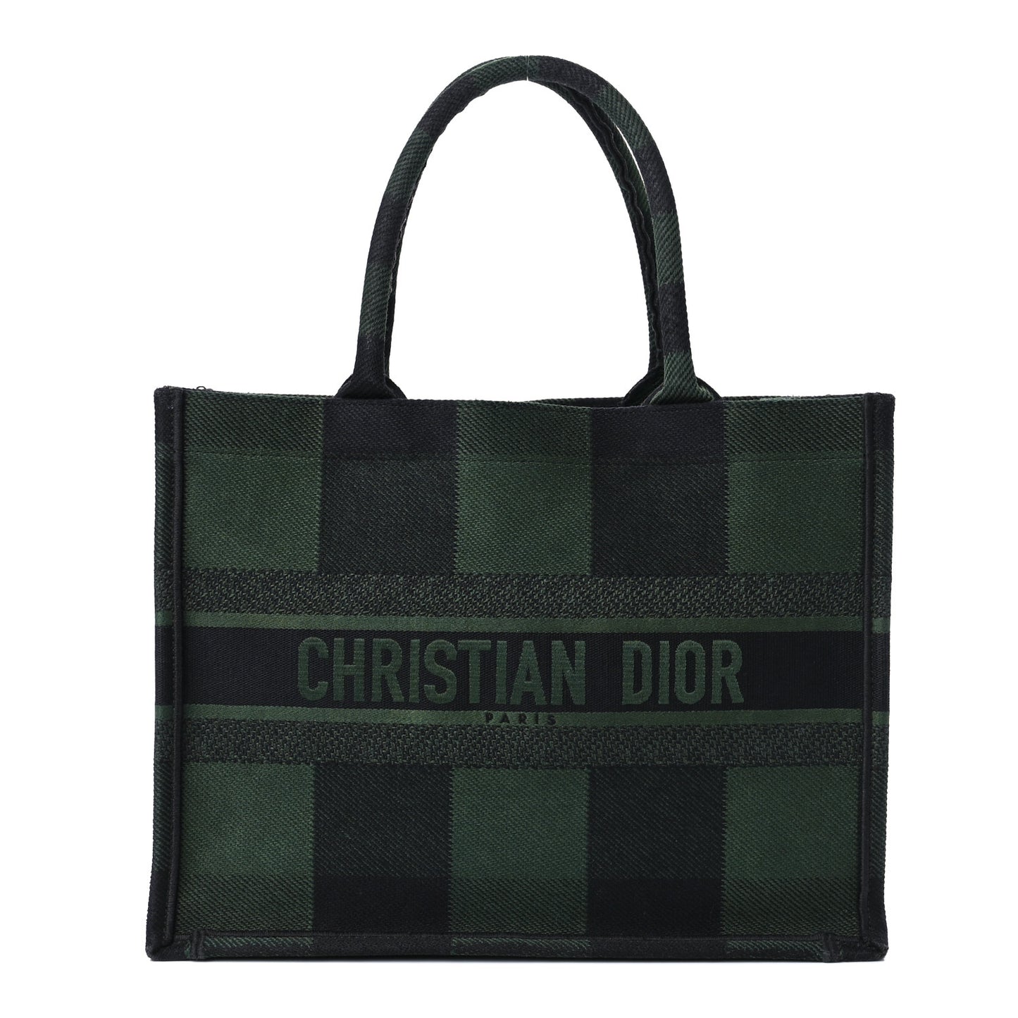 Canvas Embroidered Medium Checkered Book Tote Black Green