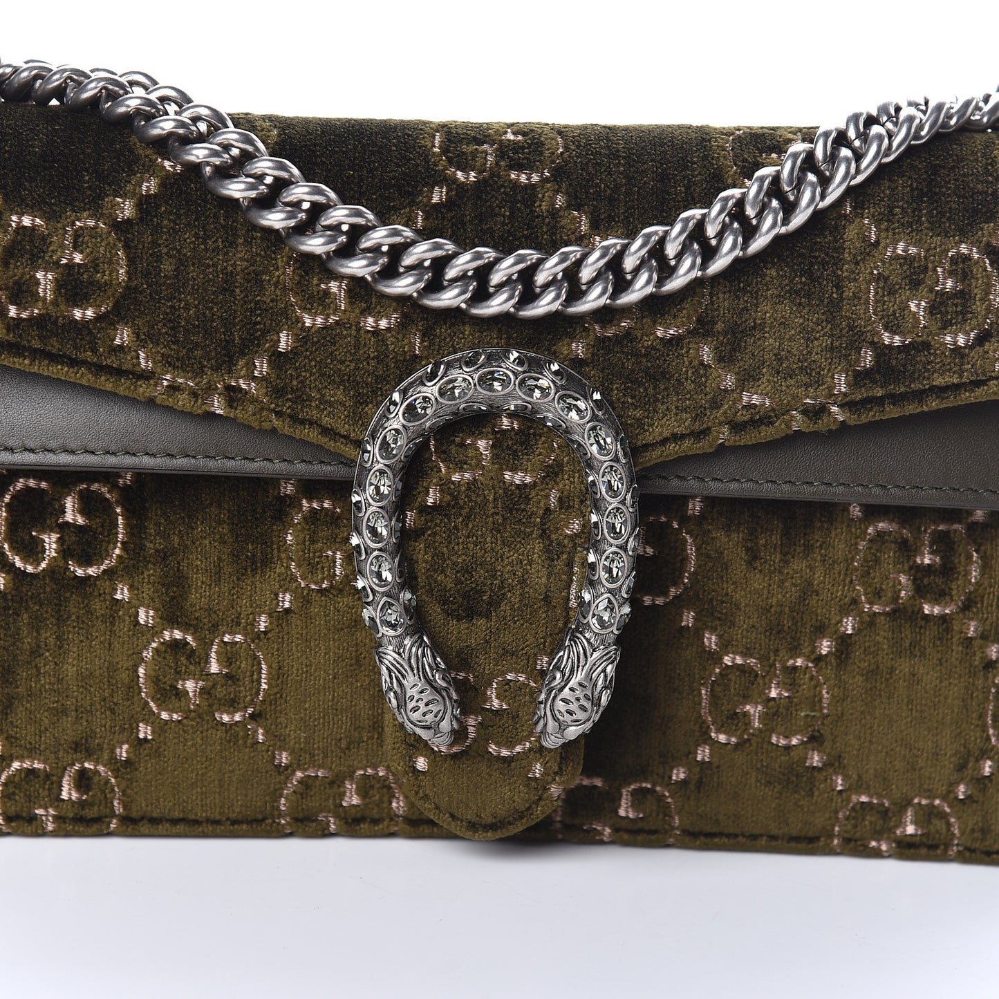 Velvet Moon Calfskin Crystal GG Monogram Small Dionysus Shoulder Bag Dark Olive Rose Gold