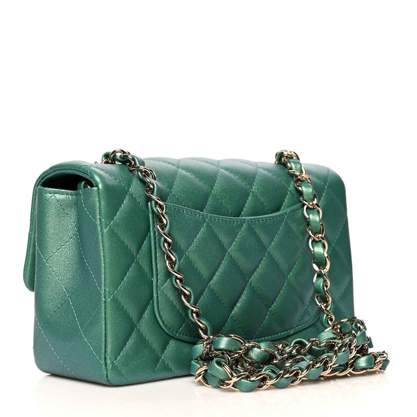 Iridescent Calfskin Quilted Mini Rectangular Flap Green