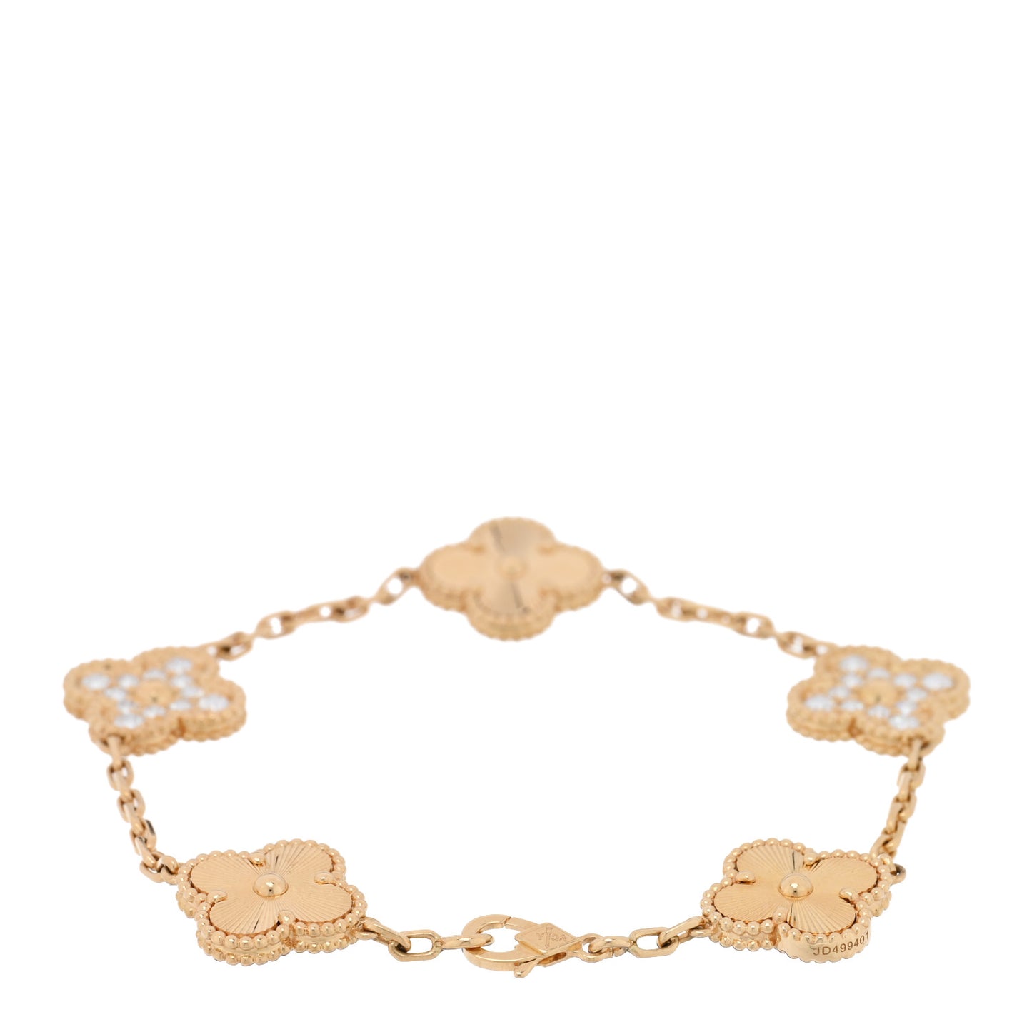 18K Yellow Gold Diamond 5 Motifs Guilloche Vintage Alhambra Bracelet
