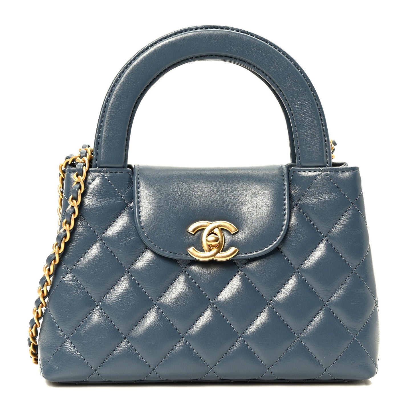 Shiny Aged Calfskin Quilted Nano Kelly Shopper Dark Blue