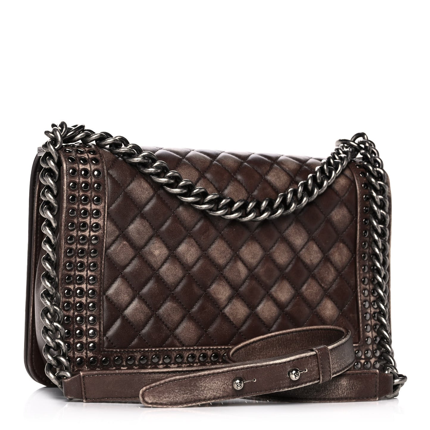 Faded Calfskin Quilted Large Studded Boy Flap Brown Beige