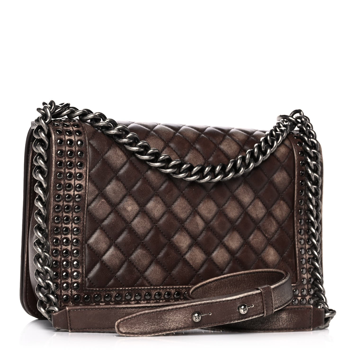 Chanel Faded Calfskin Quilted Large Studded Boy Flap Brown Beige 3 of 16
