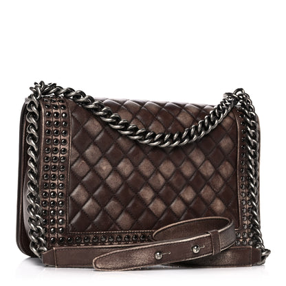 Chanel Faded Calfskin Quilted Large Studded Boy Flap Brown Beige 3 of 16