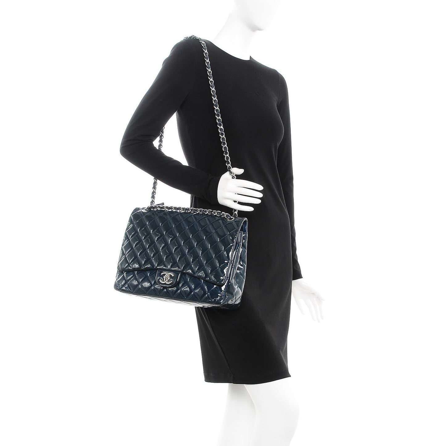 Patent Quilted Maxi Double Flap Navy Blue