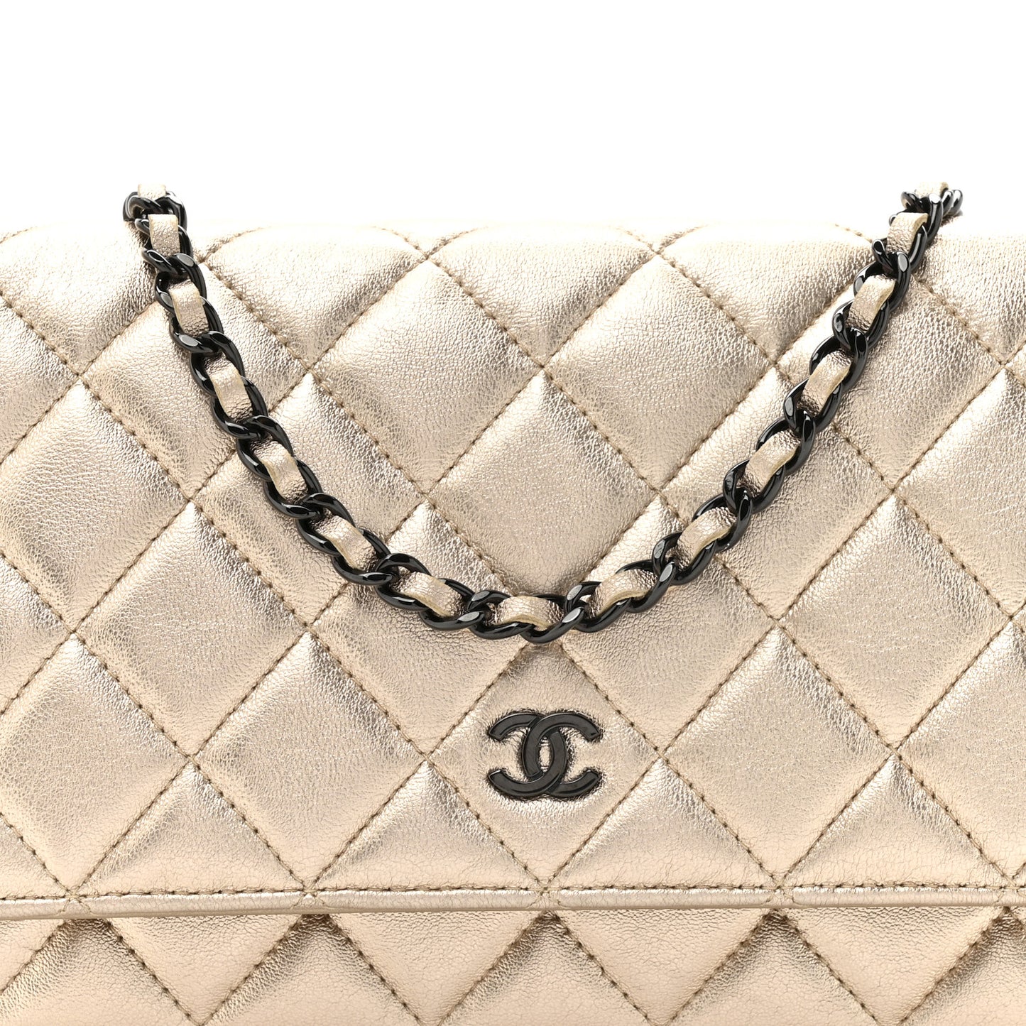 Metallic Lambskin Quilted Wallet On Chain WOC Gold Black
