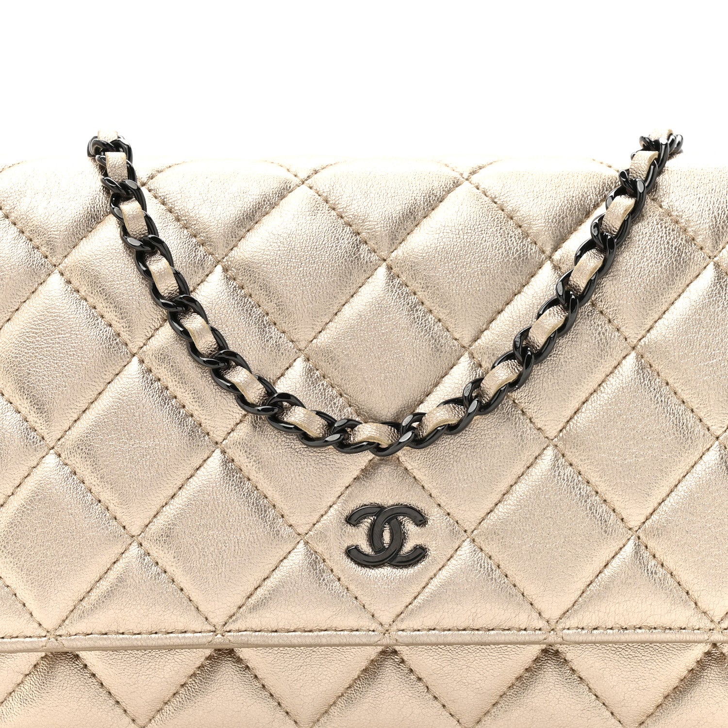 Chanel Metallic Lambskin Quilted Wallet On Chain WOC Gold Black 9 of 13
