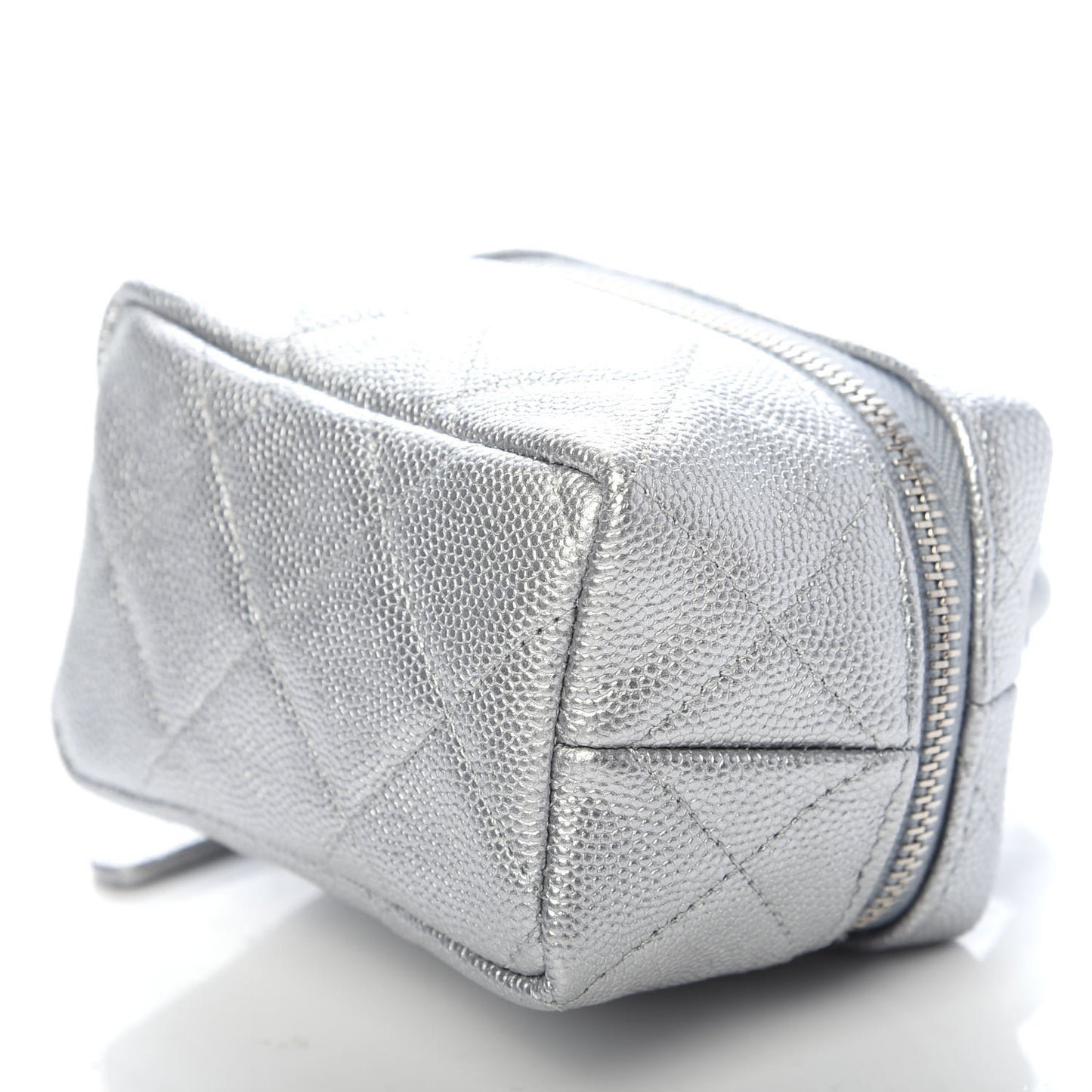 Metallic Caviar Quilted Mini Top Handle Vanity With Chain Silver