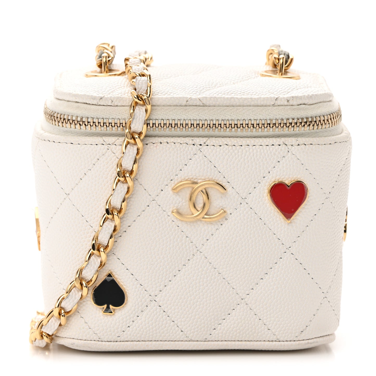 Caviar Quilted Enamel Coco Casino Mini Vanity Case With Chain White