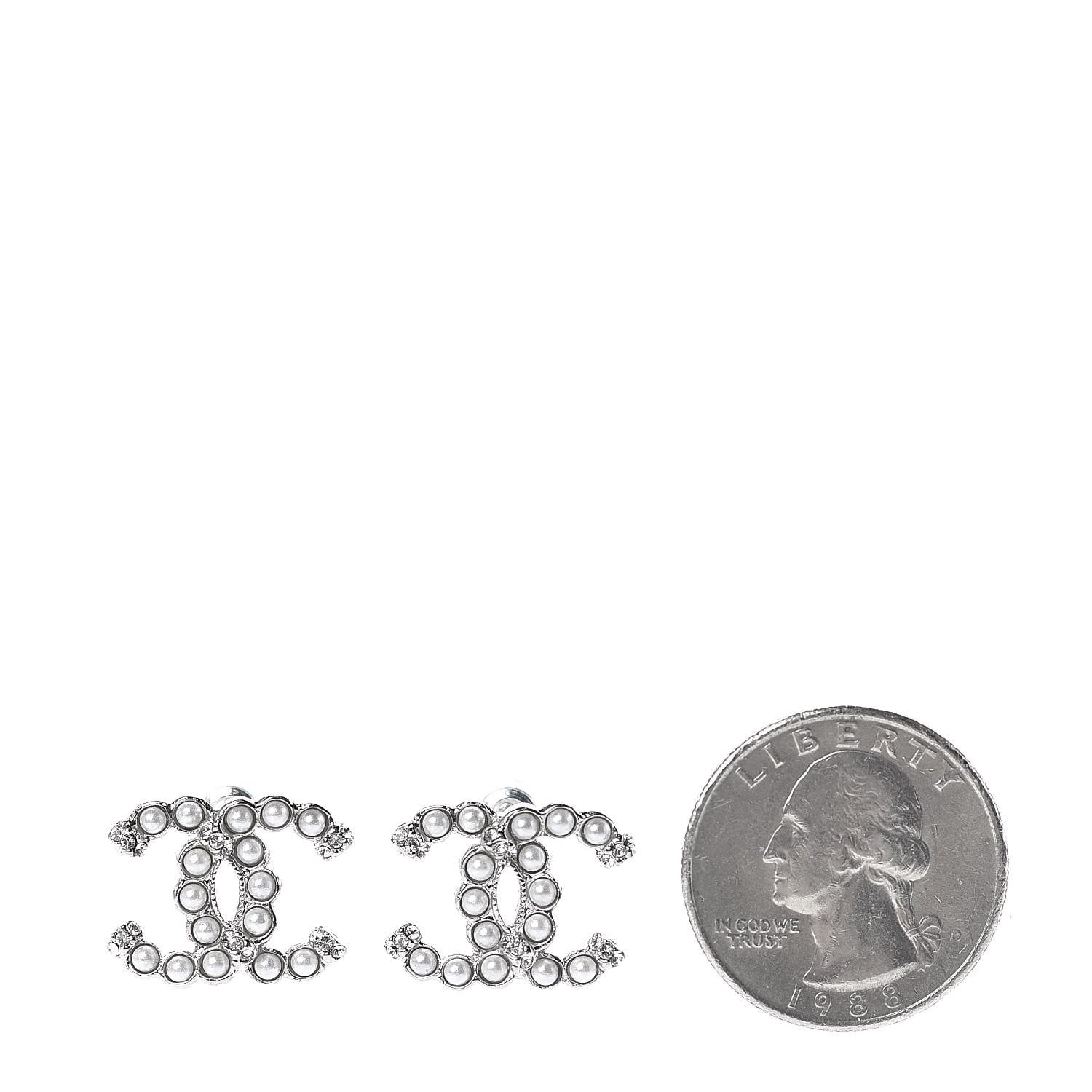 Chanel Pearl Crystal CC Regalia Small Button Earrings Silver 2 of 5