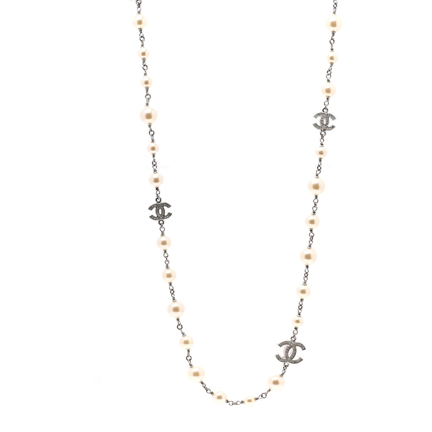Chanel Graduated Pearl Crystal CC Long Necklace Silver 1 of 5