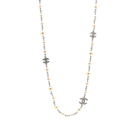 Chanel Graduated Pearl Crystal CC Long Necklace Silver 1 of 5