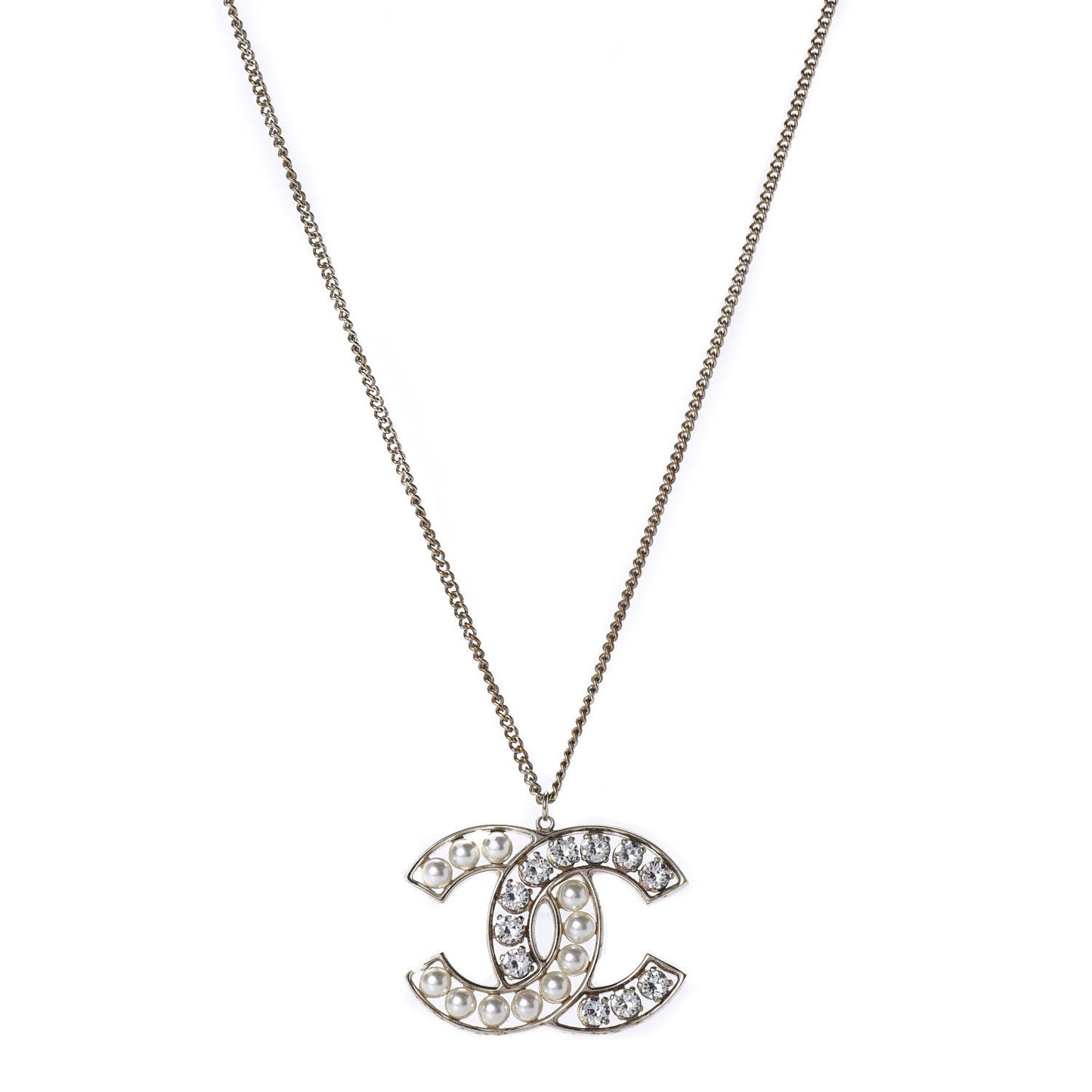 Pearl Crystal CC Pendant Necklace Gold