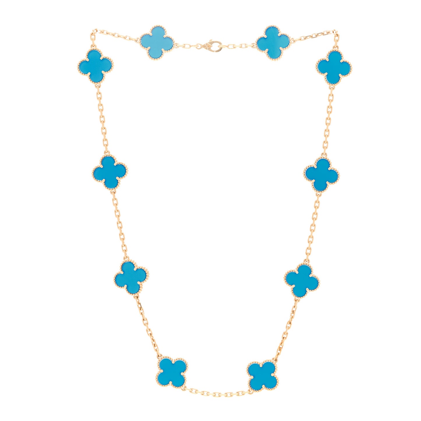 18K Yellow Gold Blue Agate 10 Motifs Vintage Alhambra Necklace
