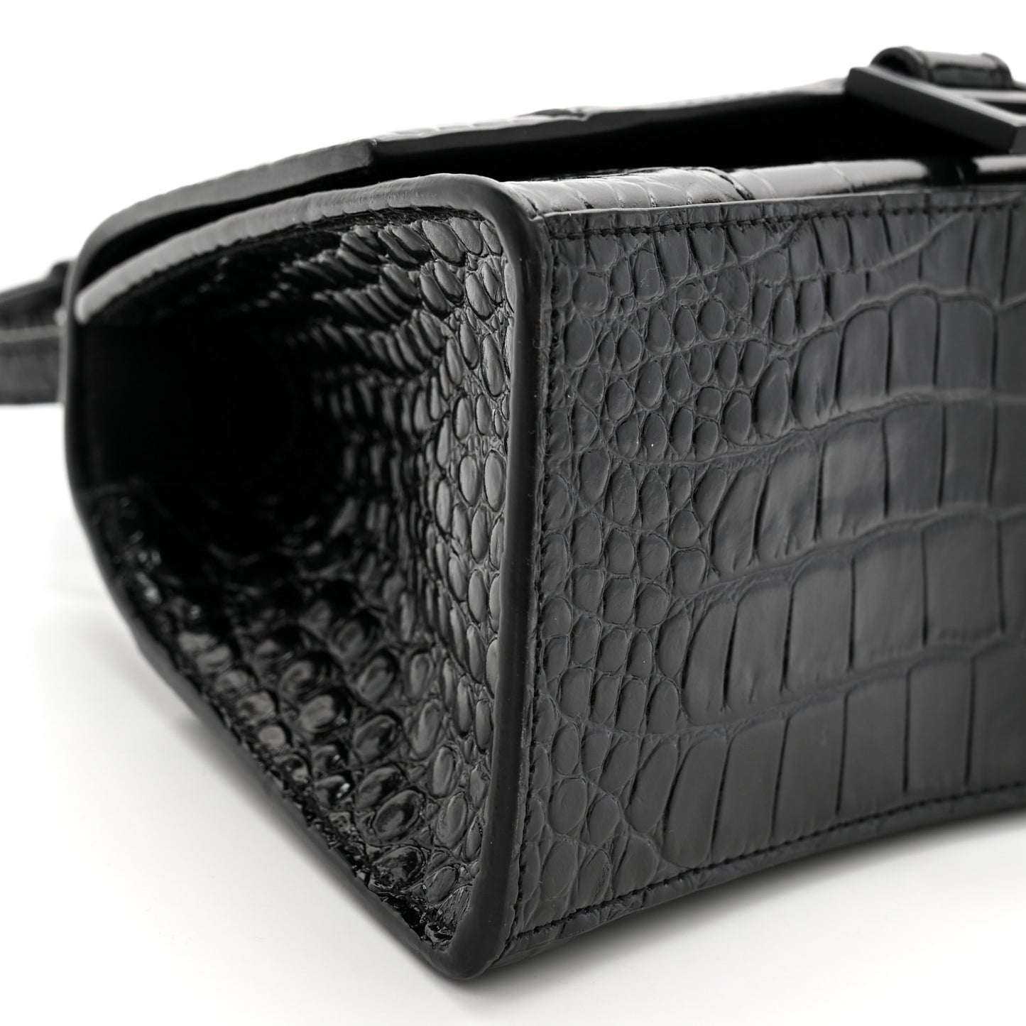 Shiny Calfskin Monochrome Crocodile Embossed Small Hourglass Top Handle Bag Black