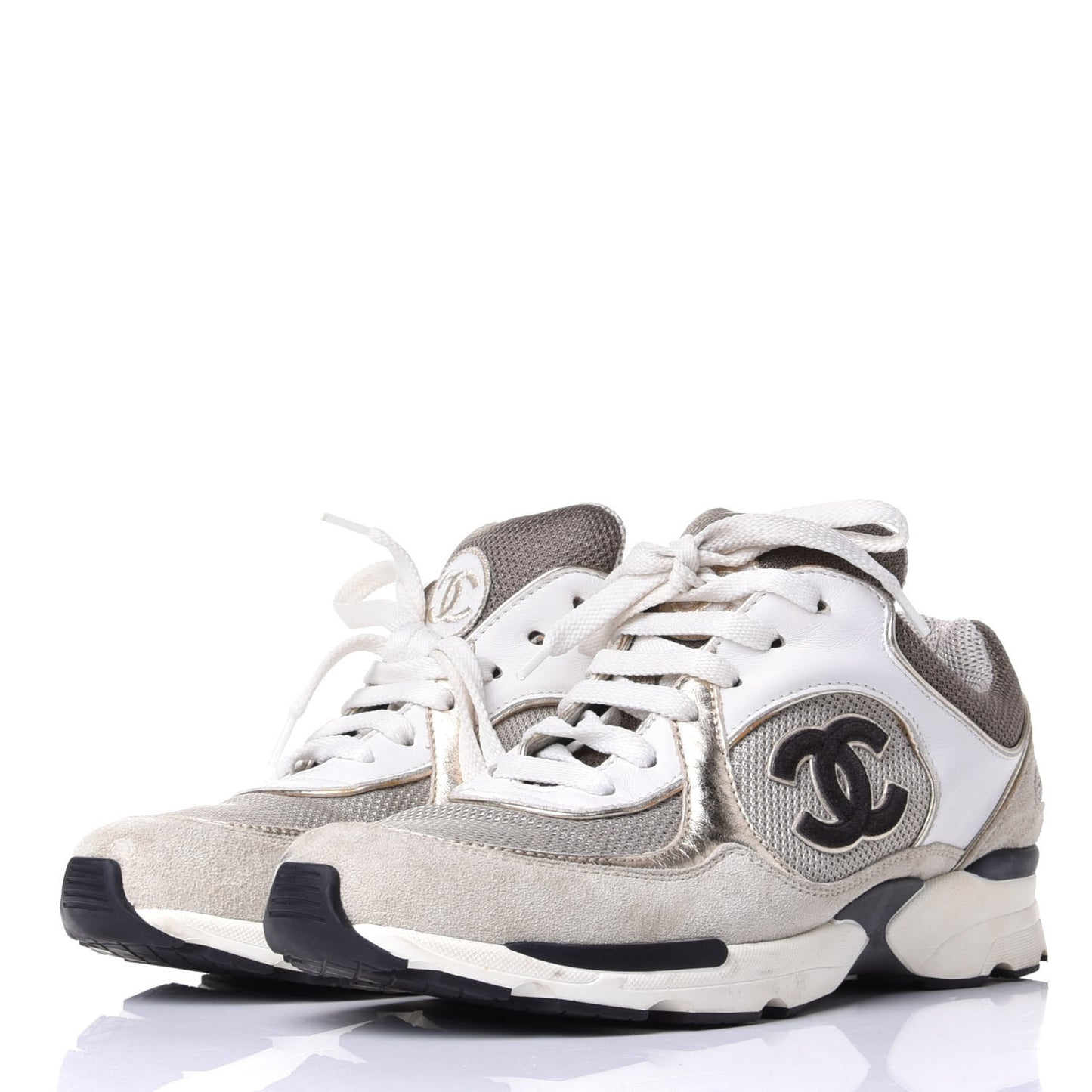 Suede Calfskin Womens CC Sneakers 38.5 Black White