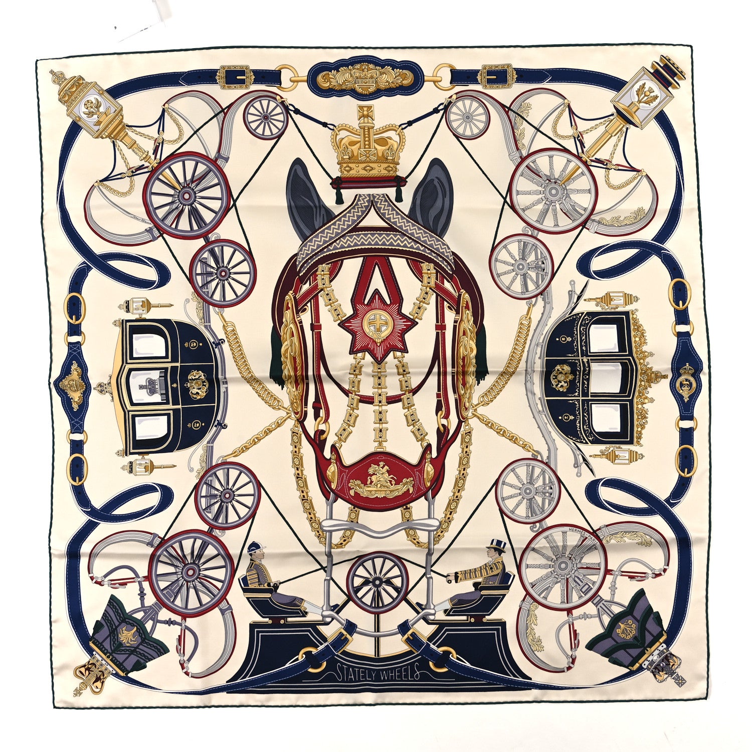 Hermes Silk Stately Wheels Scarf 90 Creme Bordeaux Bleu 1 of 3
