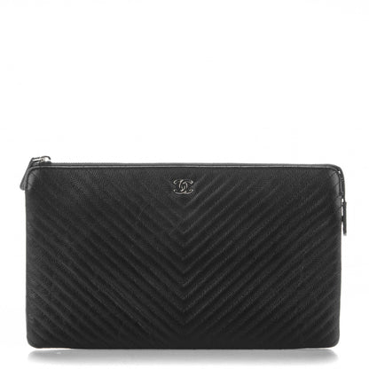 Chanel Caviar Chevron Quilted Large Zipped Clutch Black 1 of 8