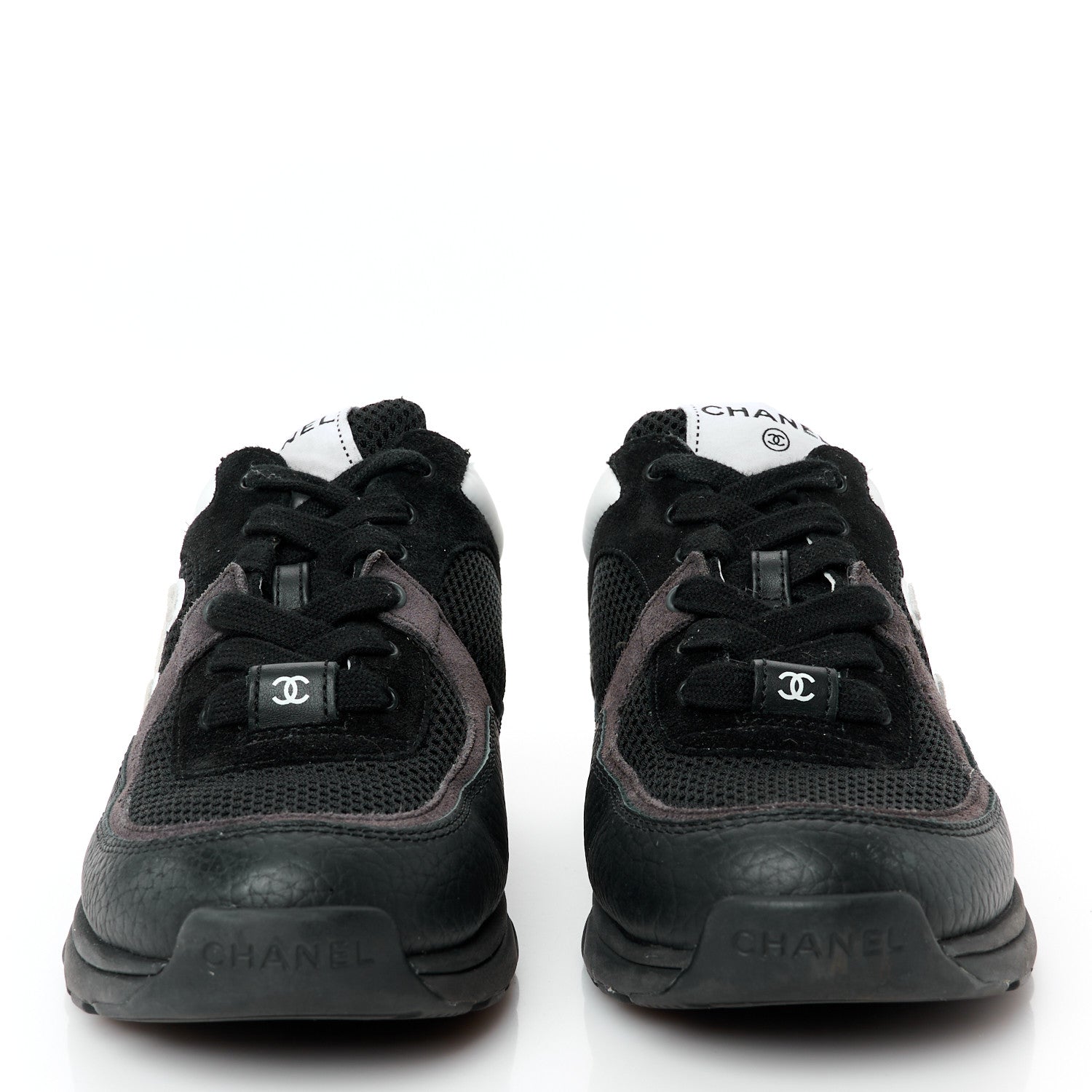 Chanel Mesh Suede Grained Calfskin Womens CC Sneakers 37.5 Black White 3 of 10