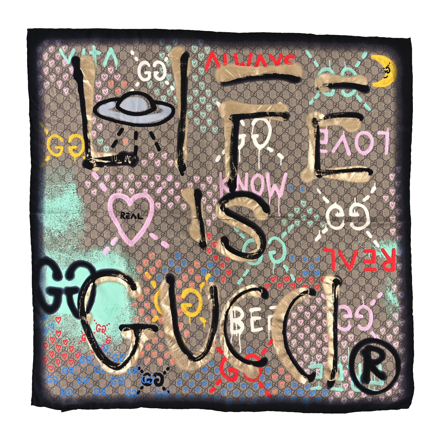 Gucci Silk Twill GG Monogram Life is Gucci Square Scarf Multicolor 1 of 4
