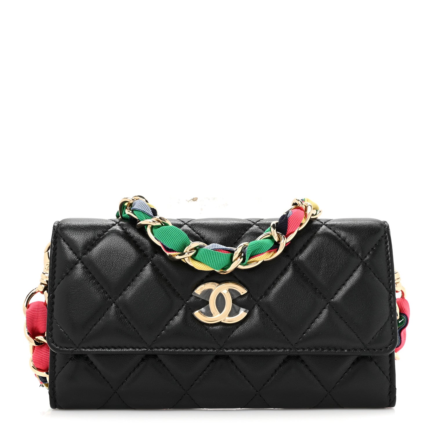 Chanel Shiny Lambskin Ribbon Quilted Clutch With Chain Black 1 of 12