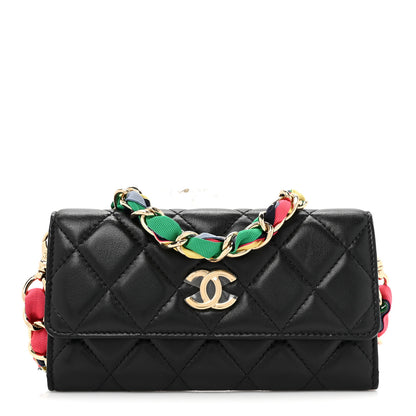 Chanel Shiny Lambskin Ribbon Quilted Clutch With Chain Black 1 of 12