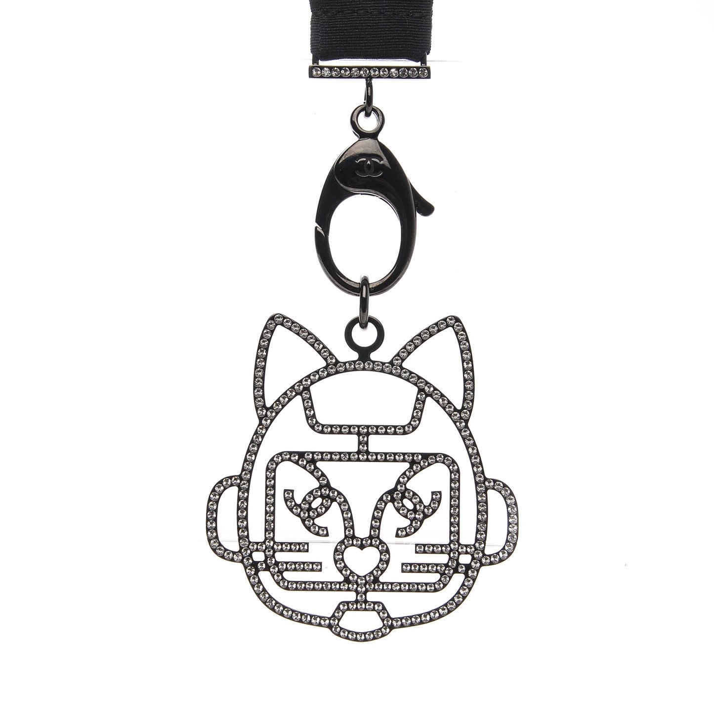 Crystal CC Emoji Robot Cat Lanyard Necklace Black Silver
