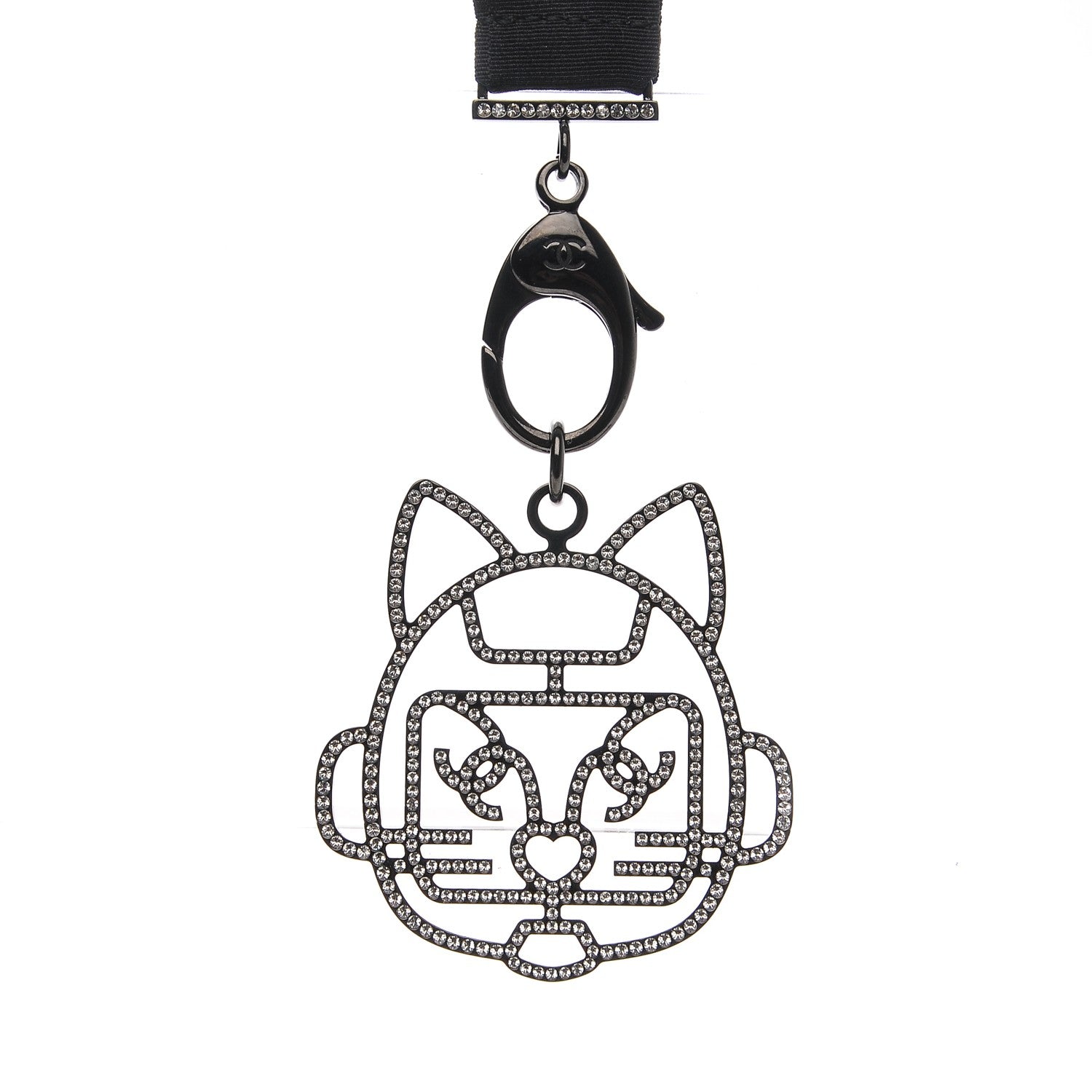 Chanel Crystal CC Emoji Robot Cat Lanyard Necklace Black Silver 3 of 7