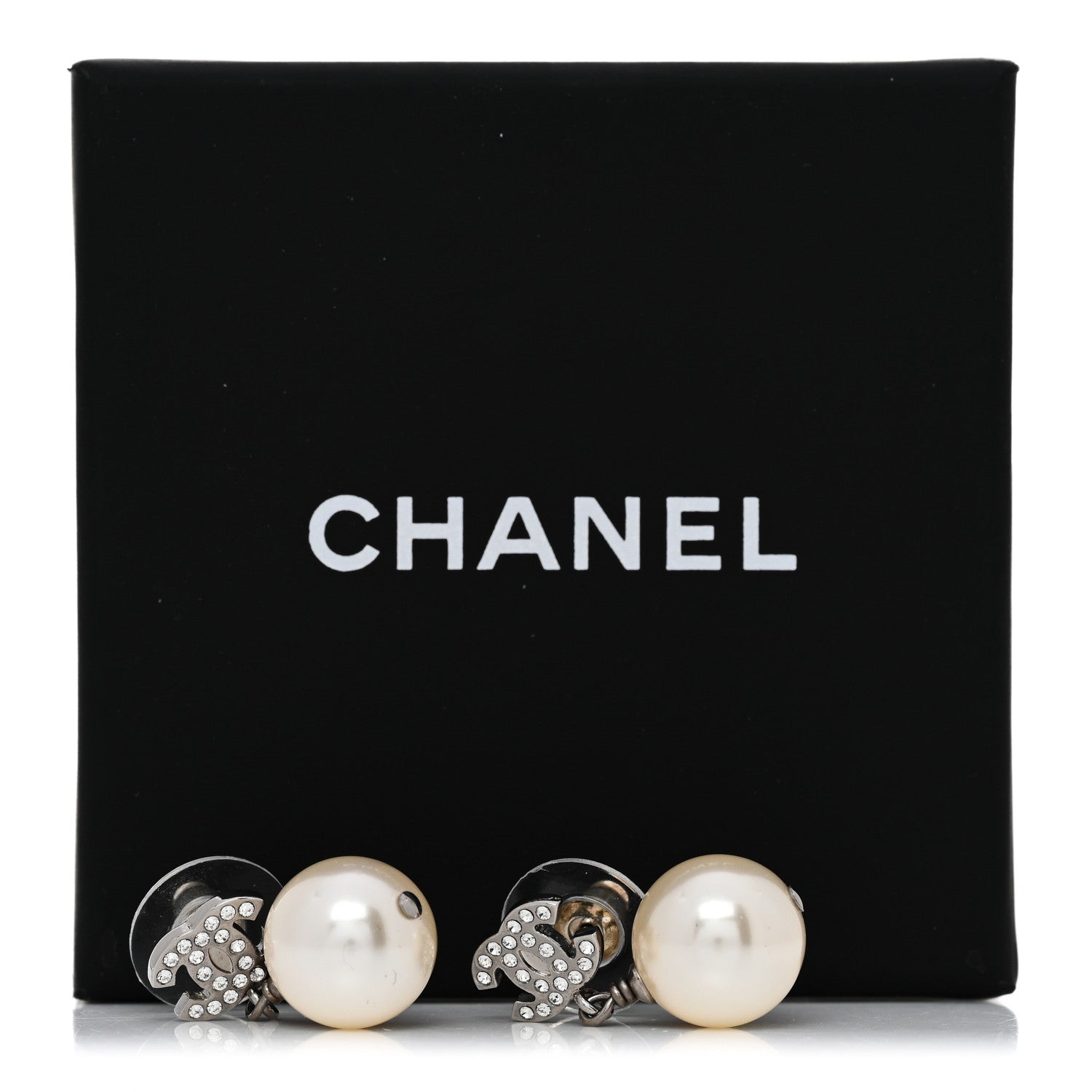 Chanel Crystal Pearl CC Drop Earrings Silver Pearly White 5 of 5
