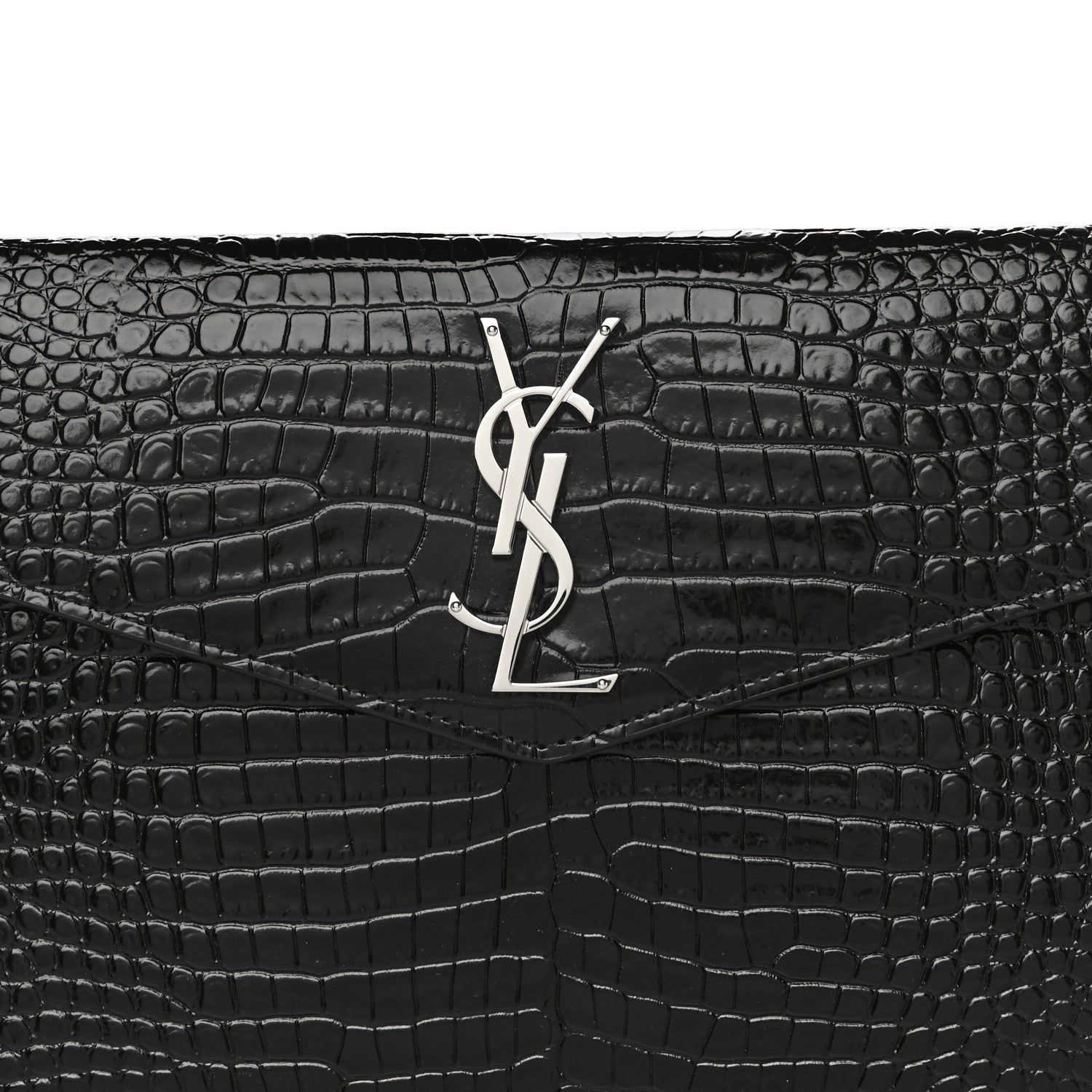 Saint Laurent Calfskin Crocodile Embossed Uptown Monogram Clutch Black 8 of 11