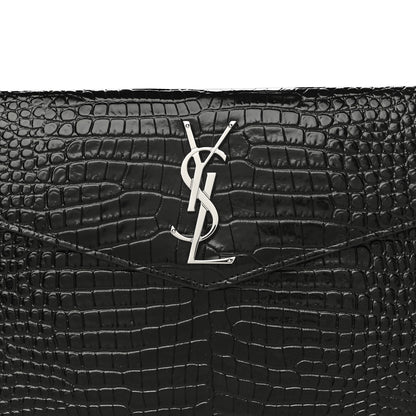 Saint Laurent Calfskin Crocodile Embossed Uptown Monogram Clutch Black 8 of 11