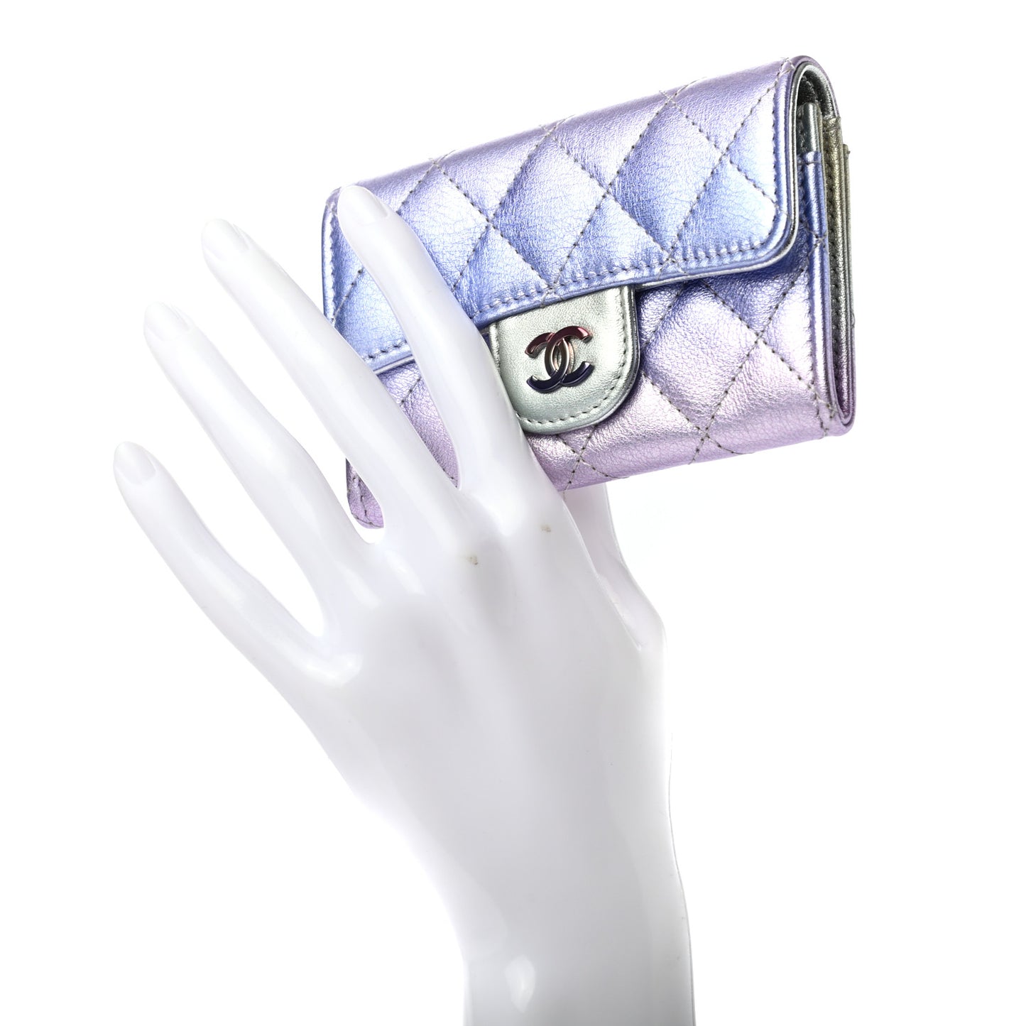 Gradient Metallic Calfskin Quilted Flap Card Holder Wallet Silver Blue Yellow Purple