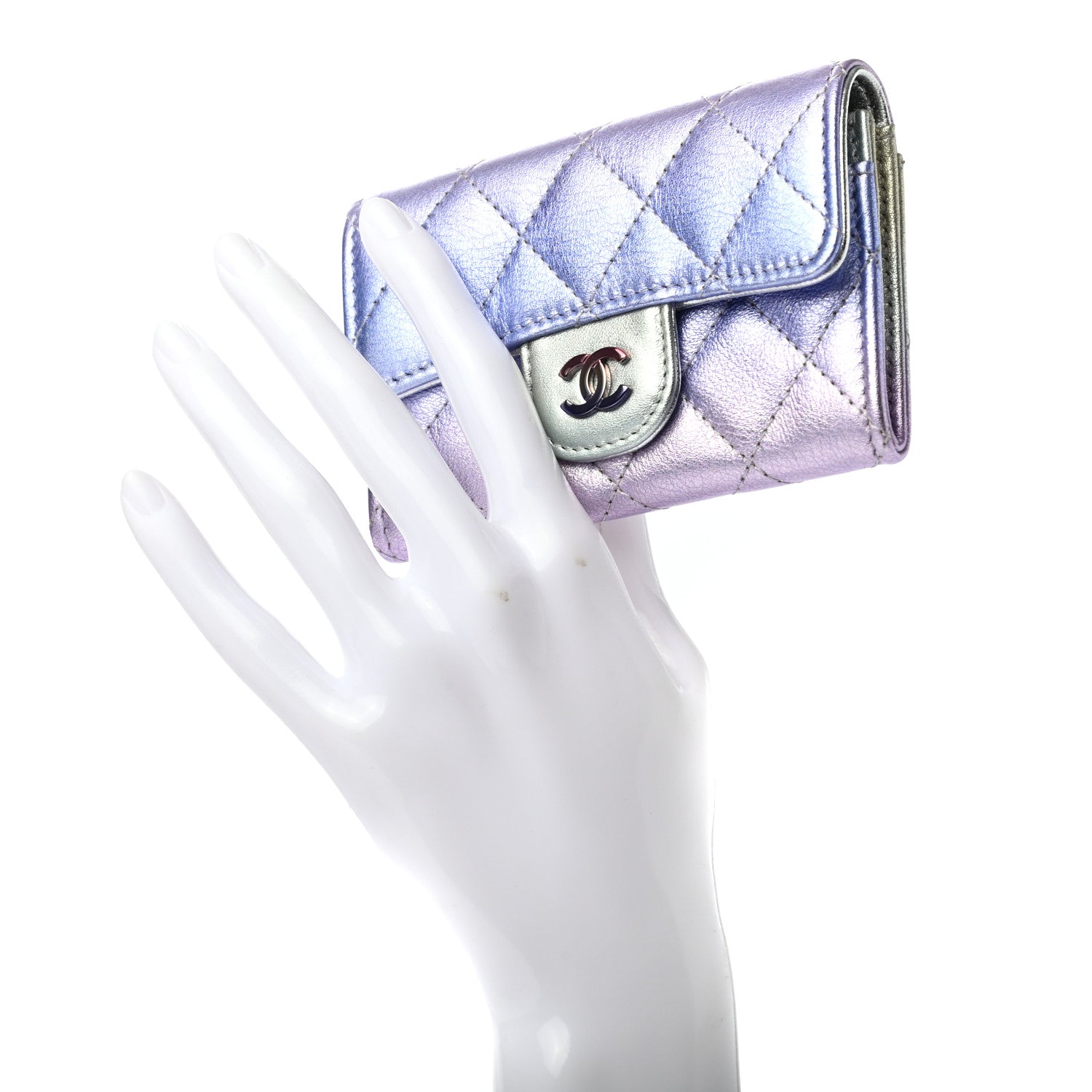 Chanel Gradient Metallic Calfskin Quilted Flap Card Holder Wallet Silver Blue Yellow Purple 2 of 8