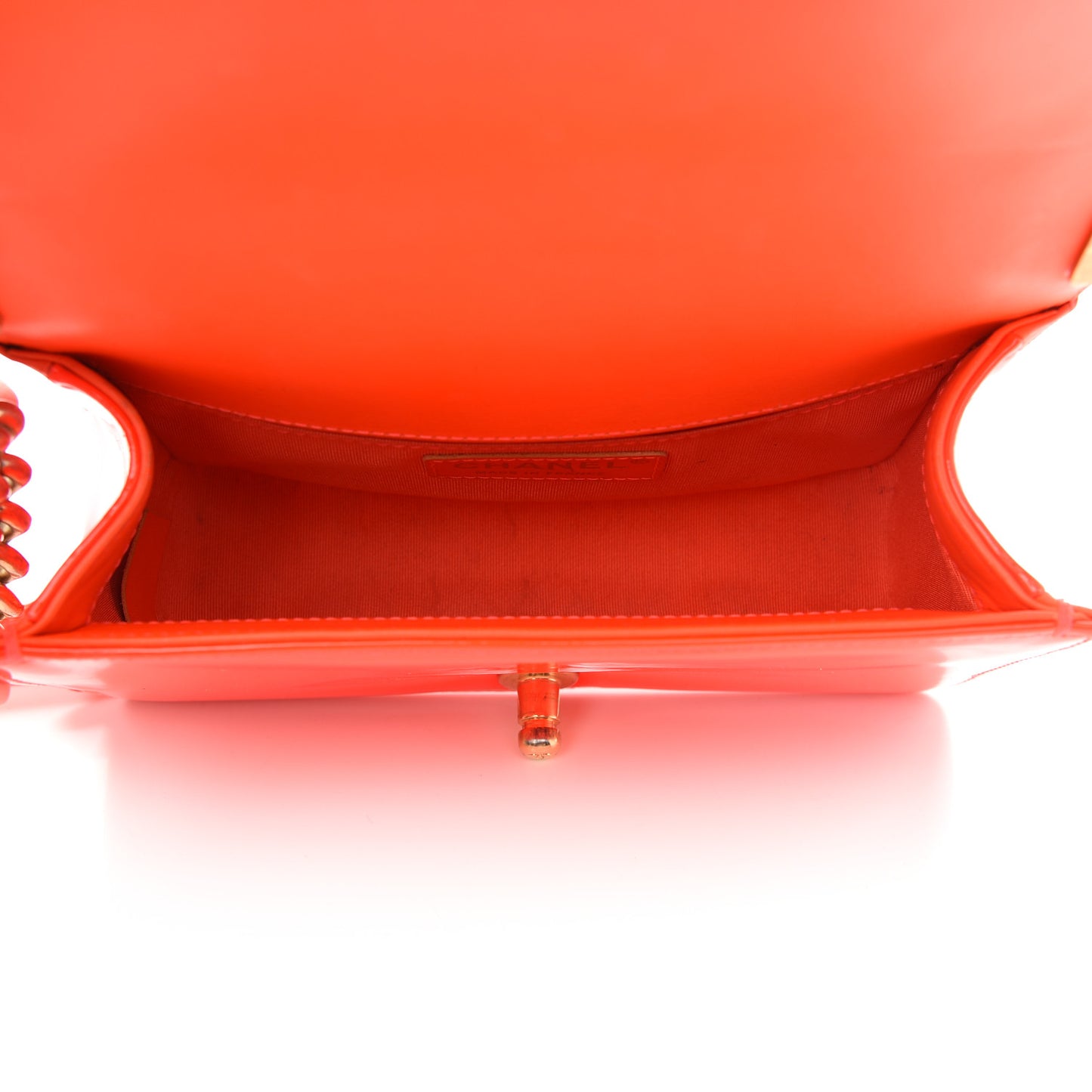 Patent Calfskin Quilted Small Boy Flap Orange