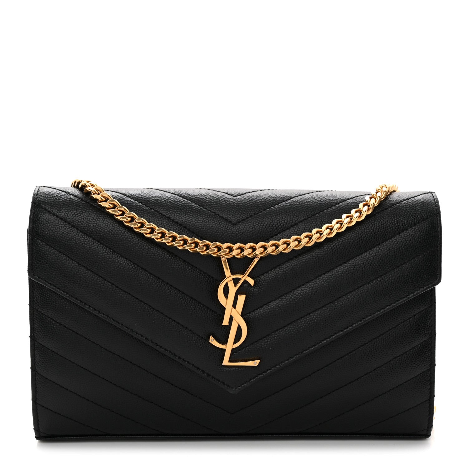 Saint Laurent Grain De Poudre Matelasse Chevron Monogram Chain Wallet Black 1 of 12