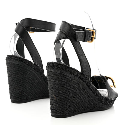Valentino Garavani Grainy Cowhide VLogo Ankle Wrap Espadrille Wedge Sandals 37 Black 4 of 8