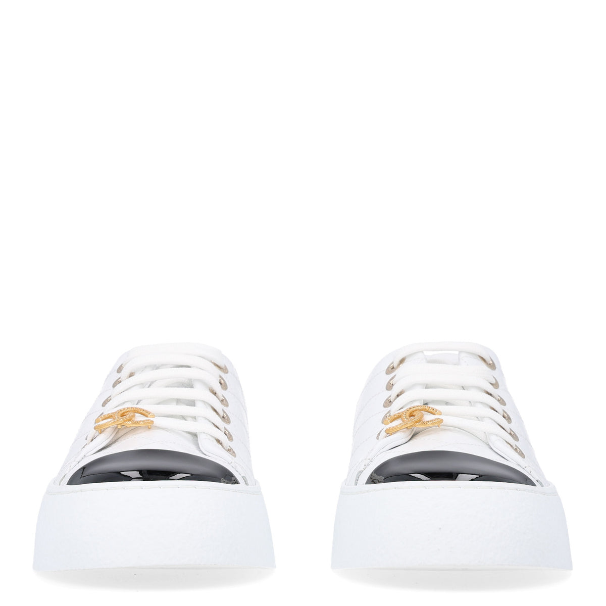 Crumpled Lambskin Patent Cap Toe CC Stitched Sneakers 38 White Black
