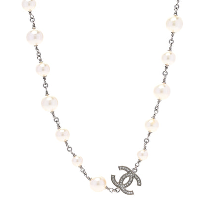 Chanel Graduated Pearl Crystal CC Long Necklace Silver 1 of 5