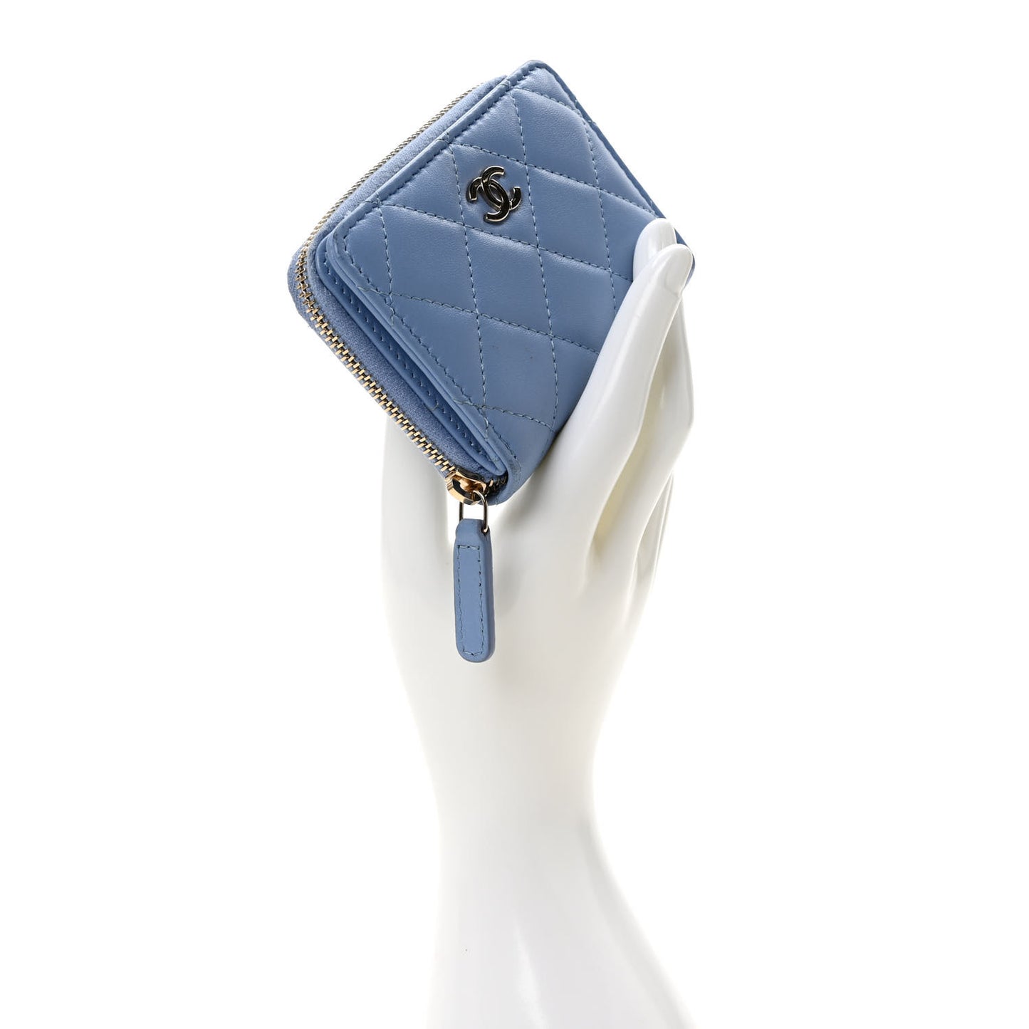 Lambskin Quilted Compact Zipped Wallet Light Blue