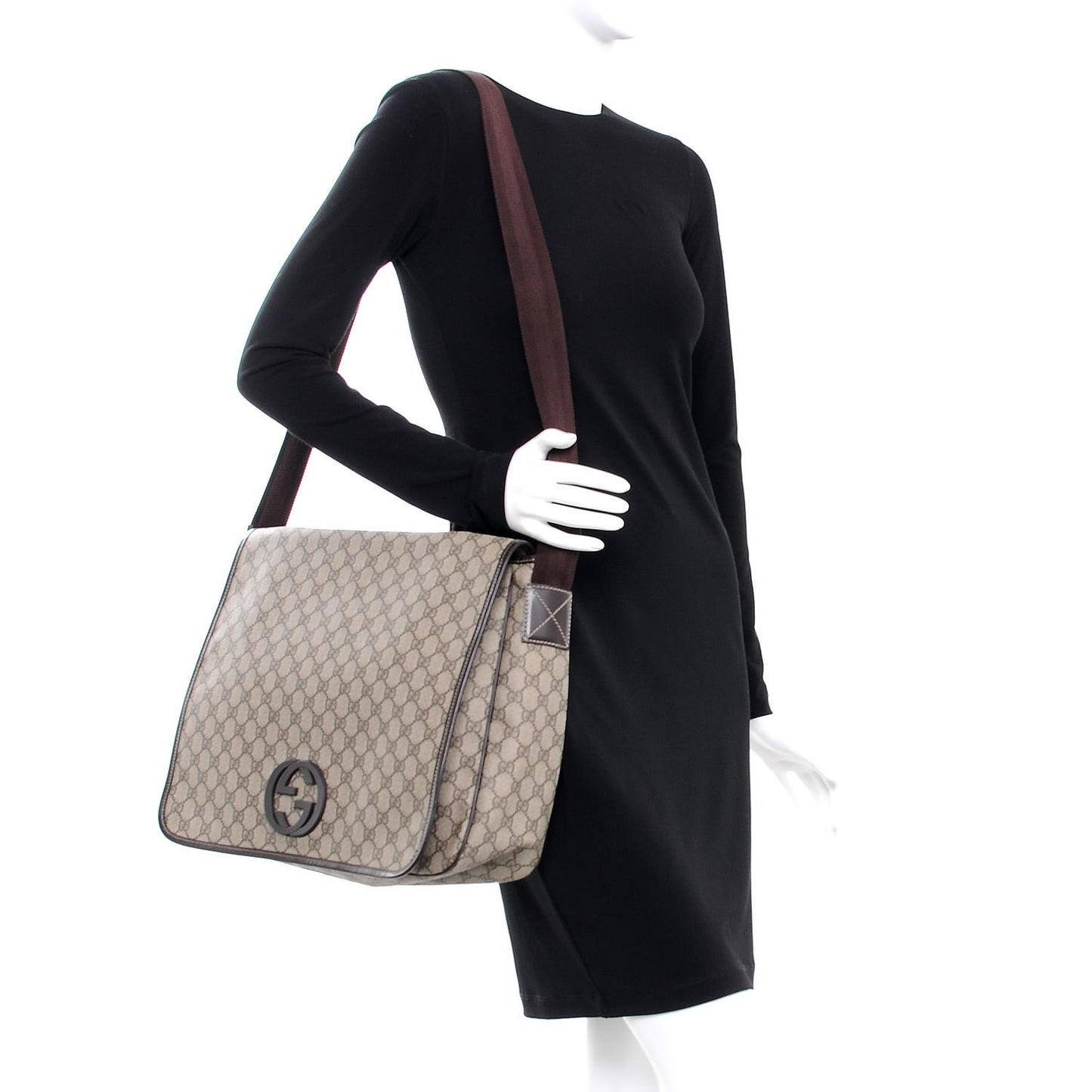 GG Plus Monogram Large Interlocking G Flap Messenger Bag Beige Dark Brown